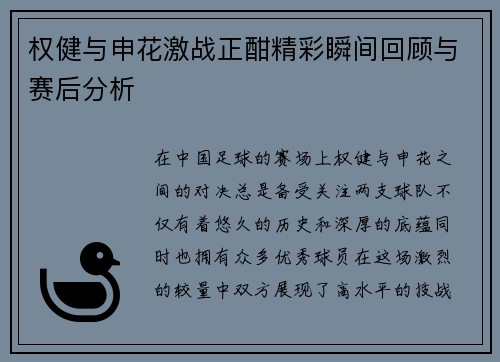 权健与申花激战正酣精彩瞬间回顾与赛后分析